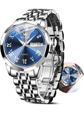Men's Silver Blue Face Stainless Luminous Quartz Waterproof Round Classic Watch